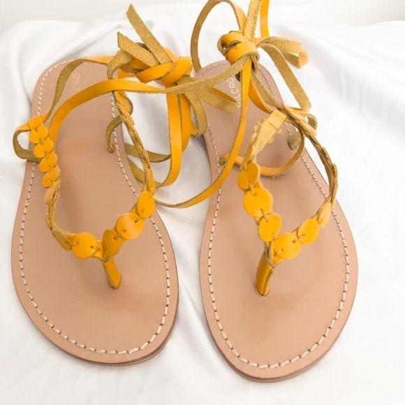 Anthropologie Pilcro Yellow Leather Thong Lace Up Sandals 8 Yellow Boho Summer - Picture 2 of 6